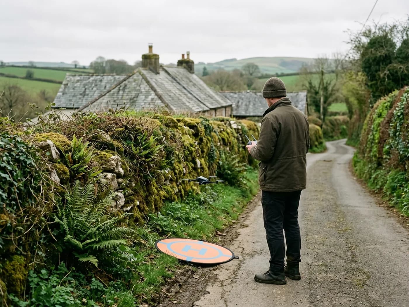 A drone pilot seen from behind launching a small camera drone from a landing pad in a quiet Devon lane beside a stone hedge bank