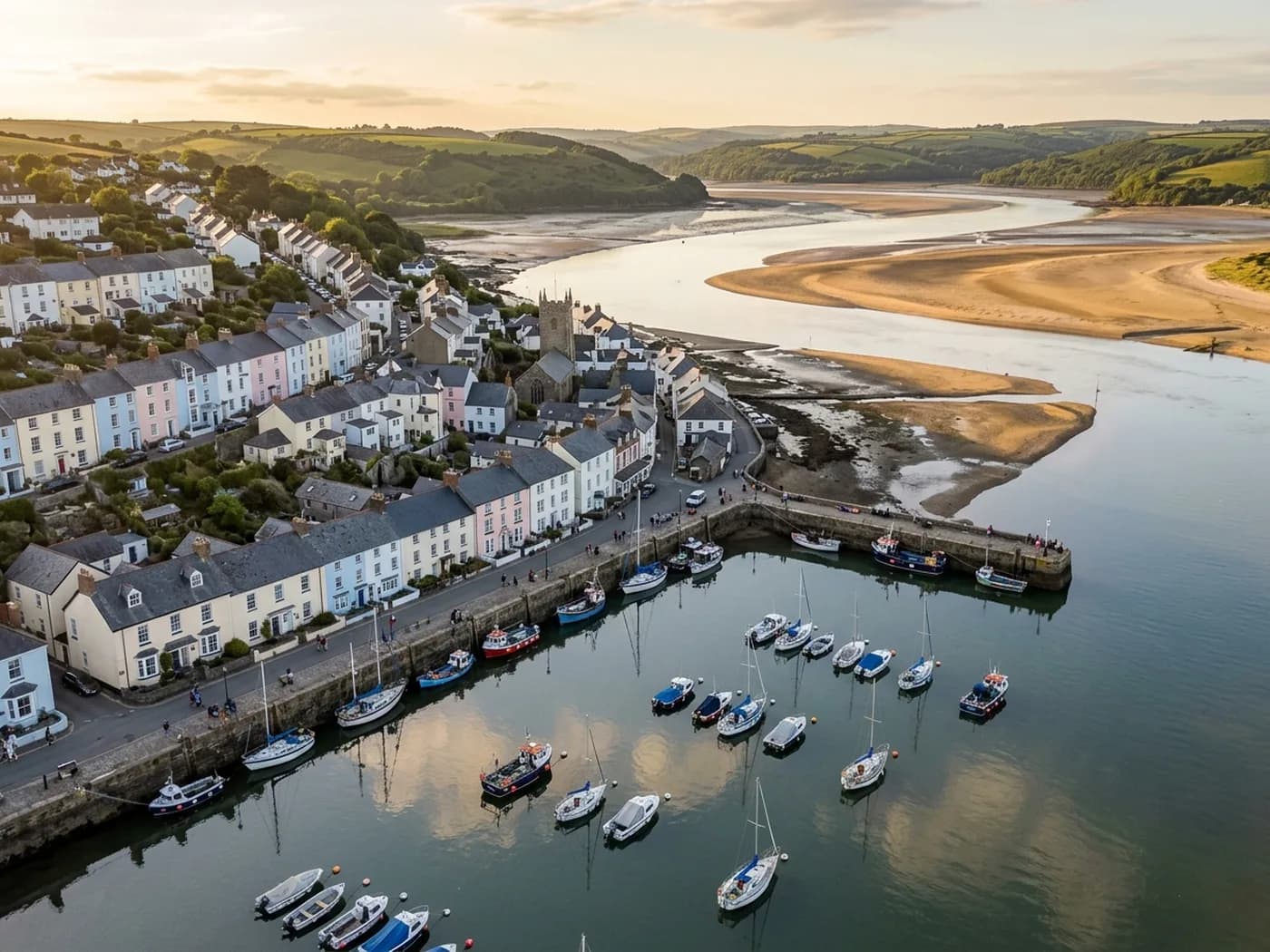 An aerial view of a Devon estuary town, its stone quay, moored boats and a run of painted terraced houses rising behind