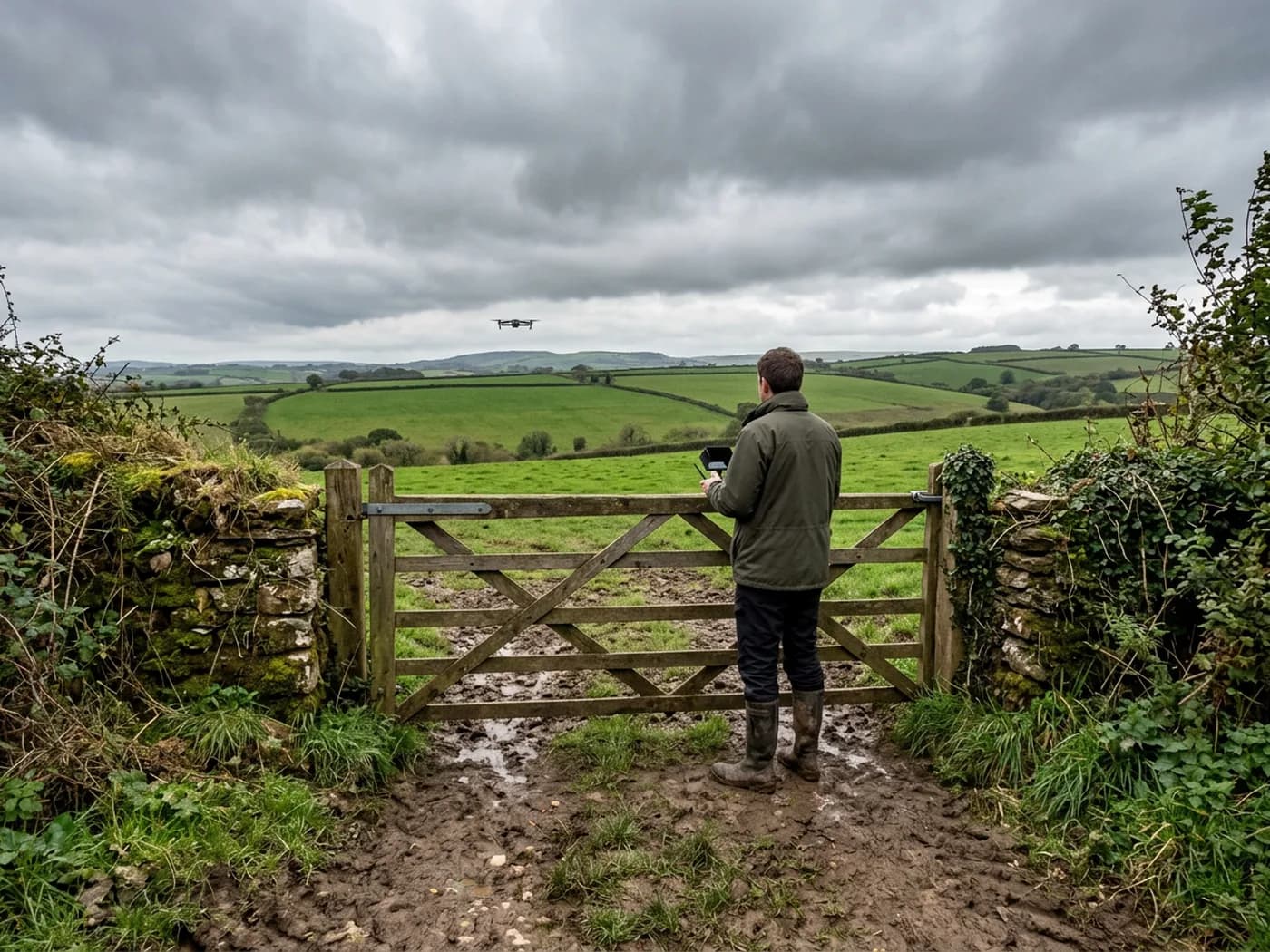 A drone pilot seen from behind in a Devon farm gateway, holding a controller beside a five bar gate and a stone hedge bank
