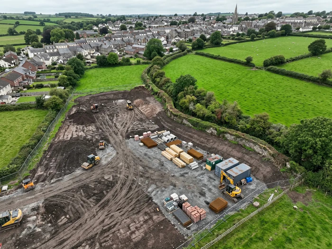 A near-vertical aerial view of a small development site on the edge of a Devon market town, with graded ground, stacked materials and a stone hedge bank boundary