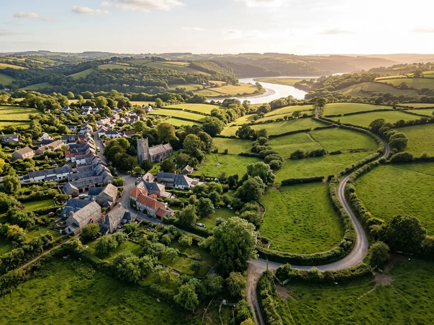 An aerial view over a Devon village of slate and tiled roofs with hedge-banked fields and a sunken lane beyond it in late afternoon light