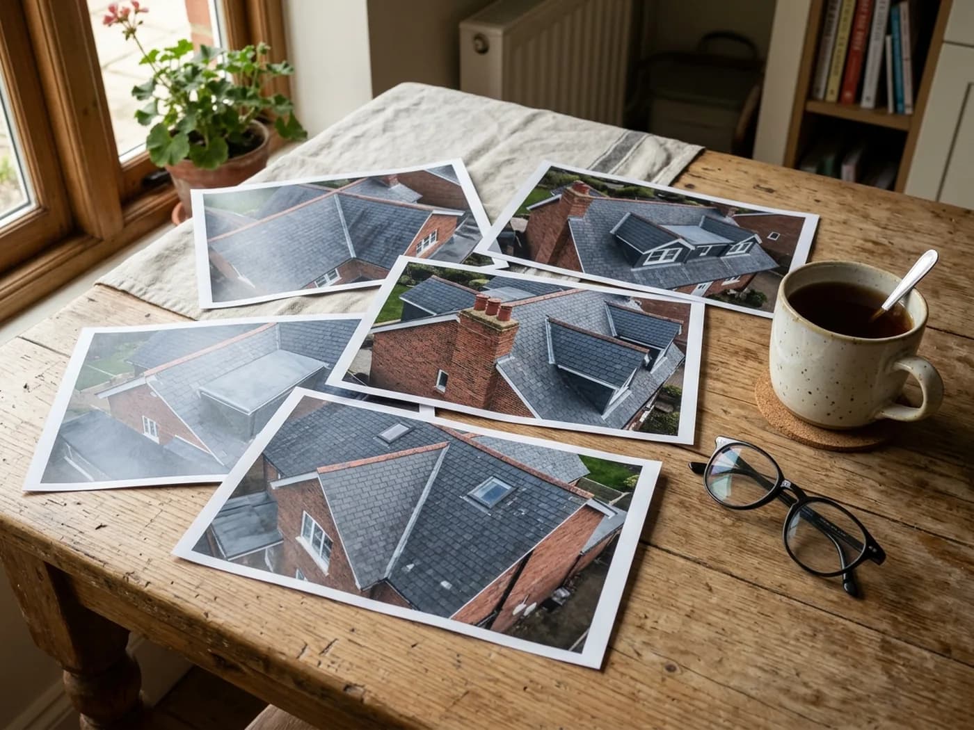 Printed aerial photographs of a house roof spread out on a wooden kitchen table beside a mug of tea and reading glasses