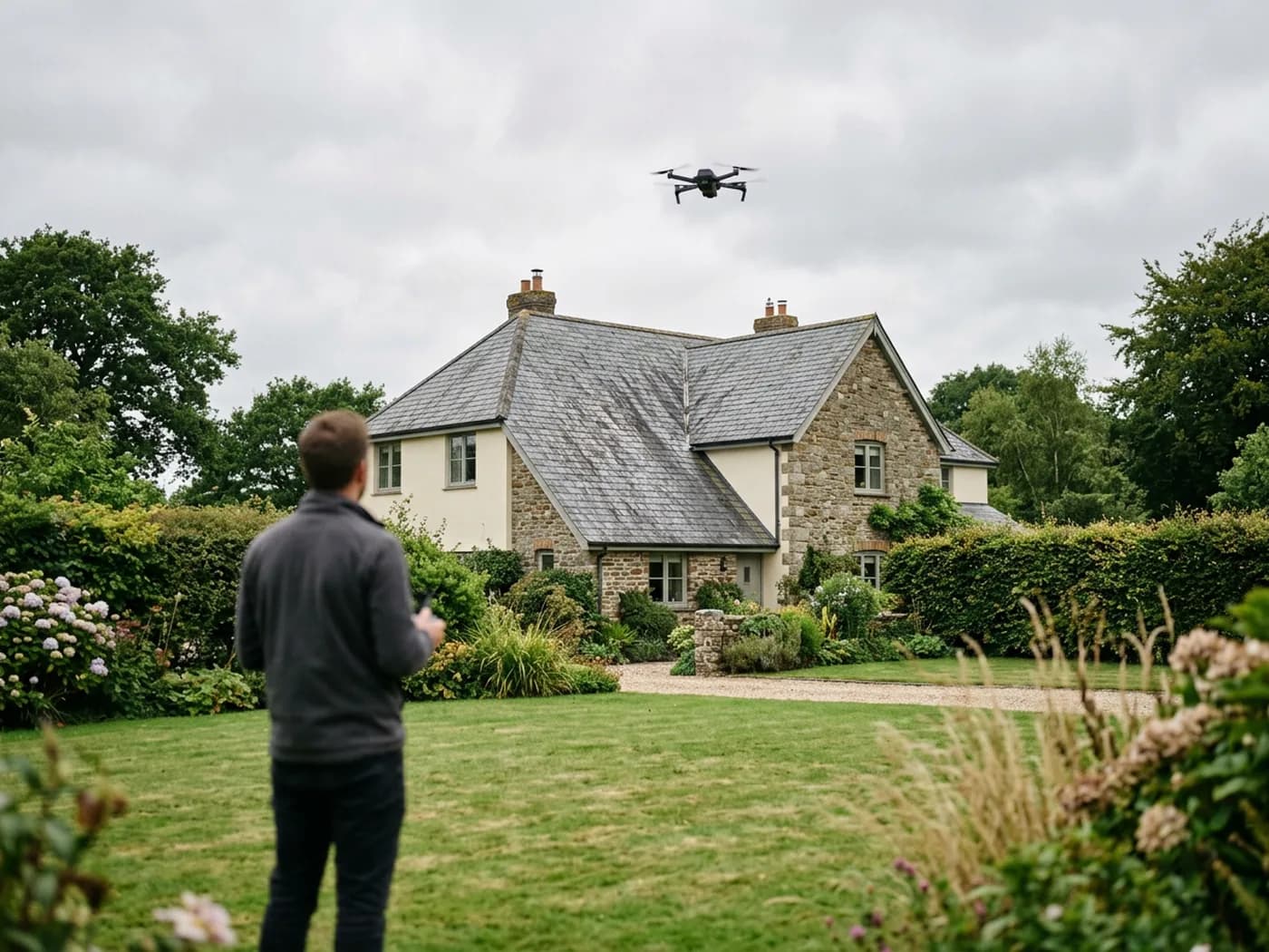 A small camera drone hovering above a detached Devon house with a slate roof, watched from the garden below by the pilot on an overcast day