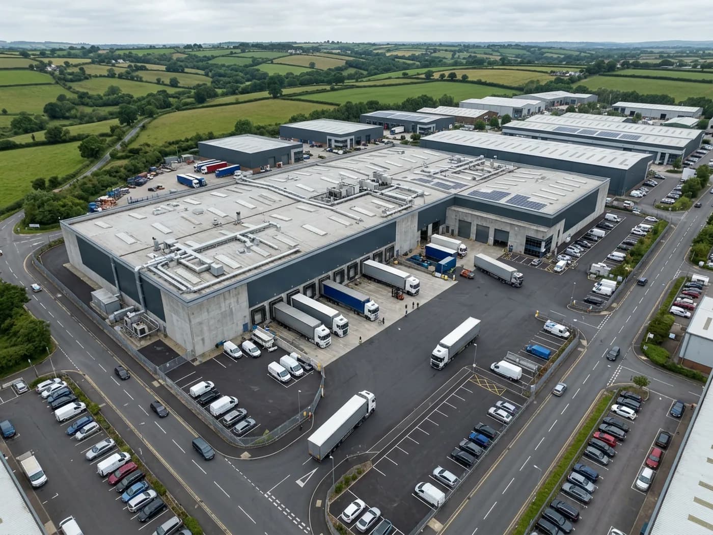 An aerial view of a Devon trading estate, large flat-roofed units with rooflights and rooftop plant beside a service yard