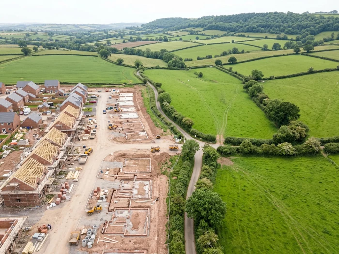 An aerial view of the edge of a Devon town where a half-built housing estate meets hedge-banked farmland