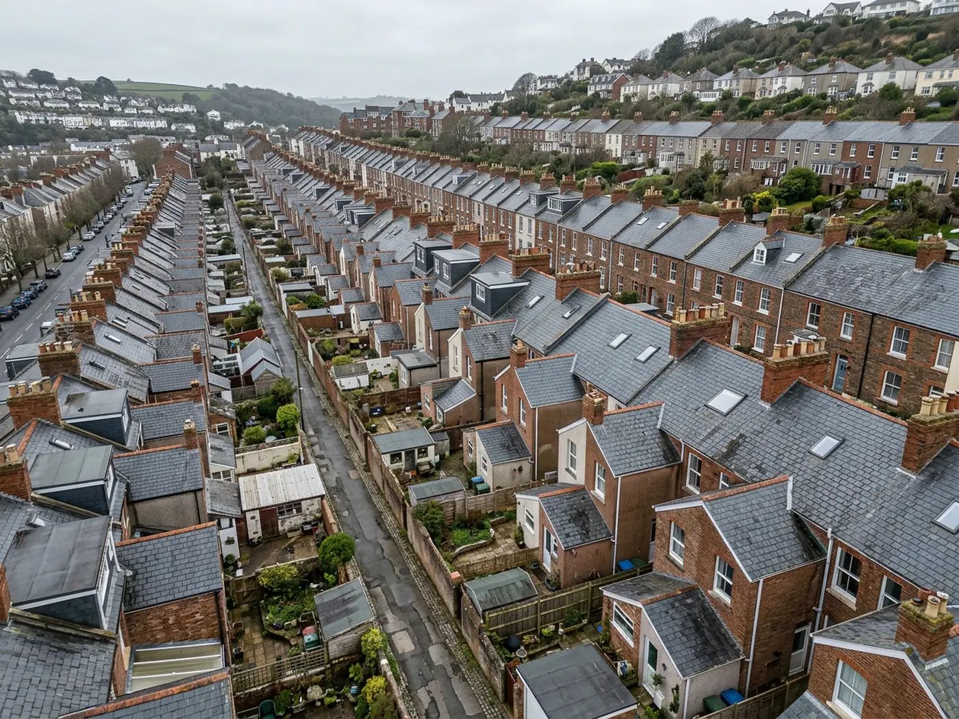 An aerial view along a terrace of Victorian houses in a Devon town, slate roofs in long runs with shared brick chimney stacks