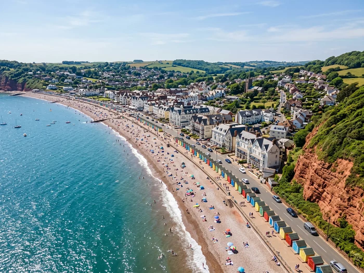 An aerial view of a Devon seaside resort front in summer, a curving beach, a promenade of beach huts and hotels along the seafront